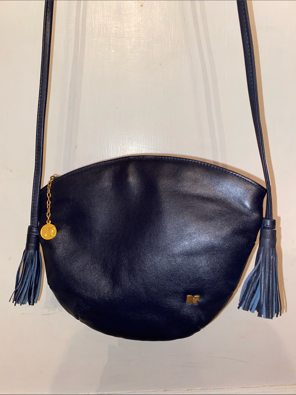 Nina Ricci Paris, Made in Italy Snakeskin Leather Crossbody Navy Blue, Vintage